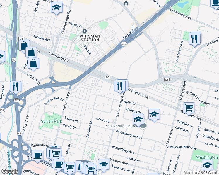 map of restaurants, bars, coffee shops, grocery stores, and more near 531 East Evelyn Avenue in Mountain View