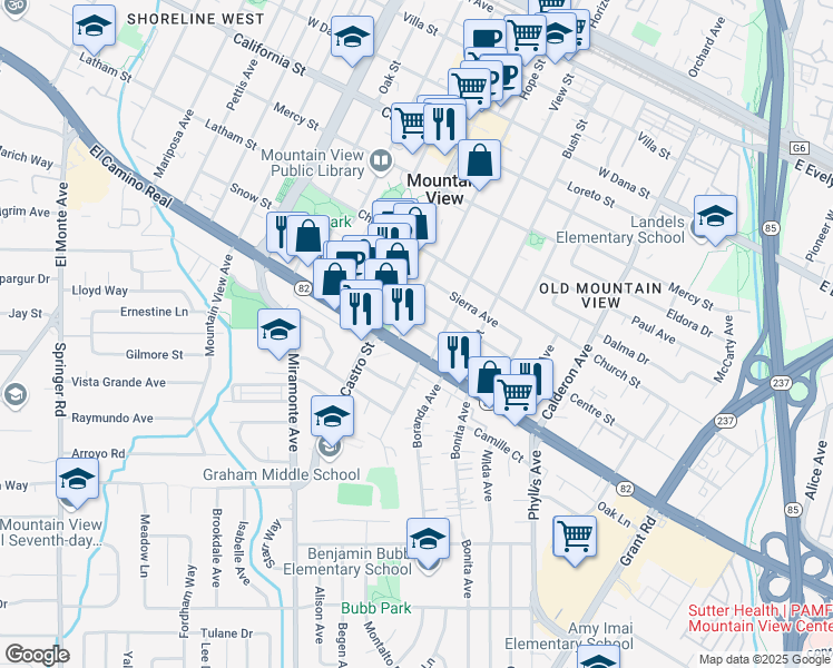 map of restaurants, bars, coffee shops, grocery stores, and more near 655 Fairmont Avenue in Mountain View