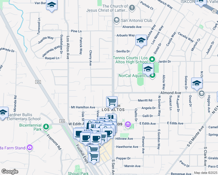 map of restaurants, bars, coffee shops, grocery stores, and more near 41 Coronado Avenue in Los Altos