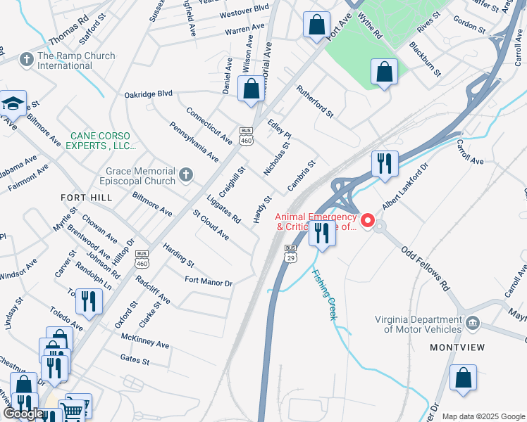 map of restaurants, bars, coffee shops, grocery stores, and more near 3914 Handy Street in Lynchburg