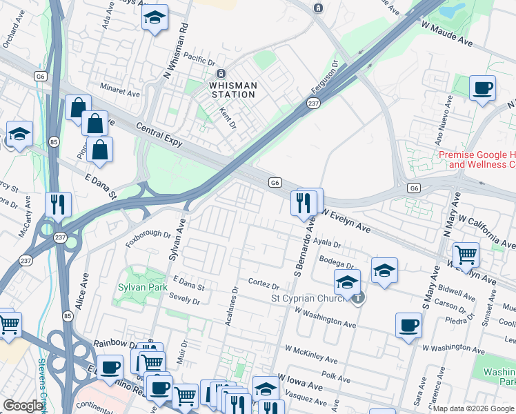 map of restaurants, bars, coffee shops, grocery stores, and more near 496 Kahlo Street in Mountain View