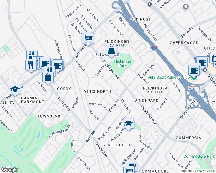 map of restaurants, bars, coffee shops, grocery stores, and more near 1445 Donohue Drive in San Jose