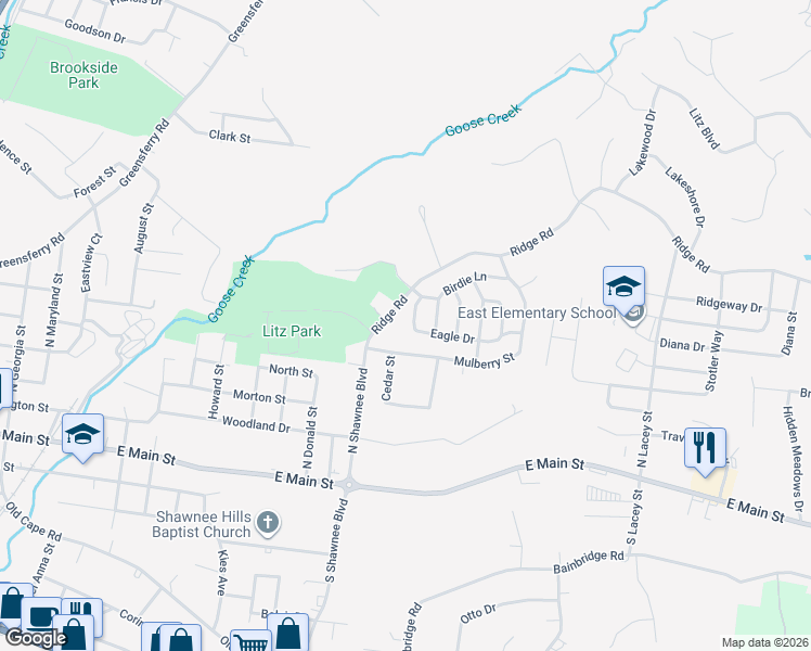 map of restaurants, bars, coffee shops, grocery stores, and more near 1577 Ridge Road in Jackson