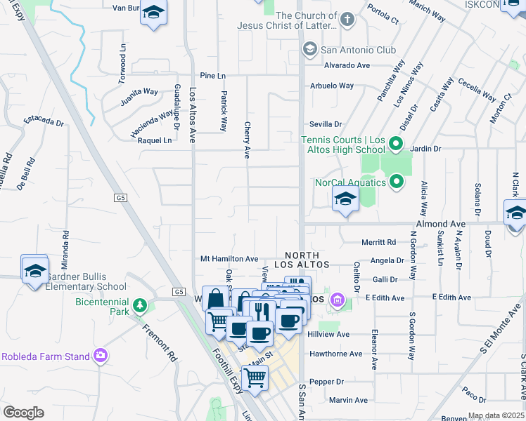 map of restaurants, bars, coffee shops, grocery stores, and more near 108 Coronado Avenue in Los Altos