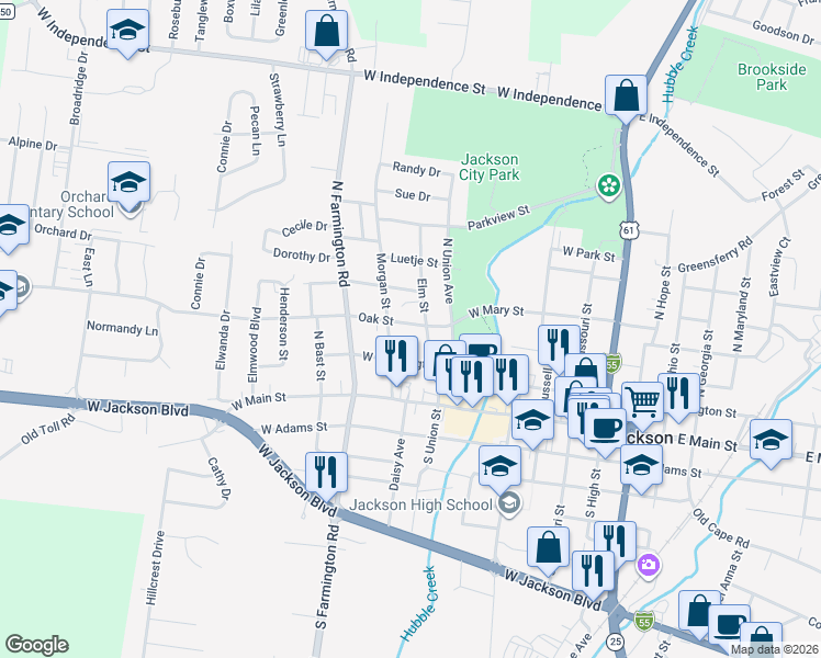 map of restaurants, bars, coffee shops, grocery stores, and more near 304 Elm Street in Jackson