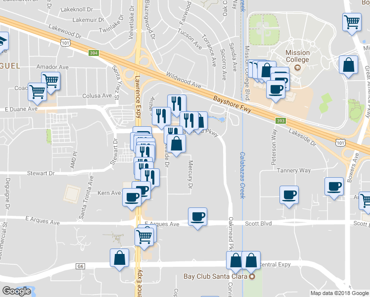 map of restaurants, bars, coffee shops, grocery stores, and more near 1237 Midas Way in Sunnyvale