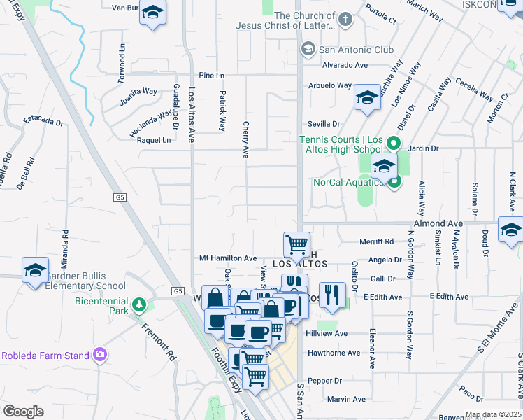 map of restaurants, bars, coffee shops, grocery stores, and more near 108 Coronado Avenue in Los Altos