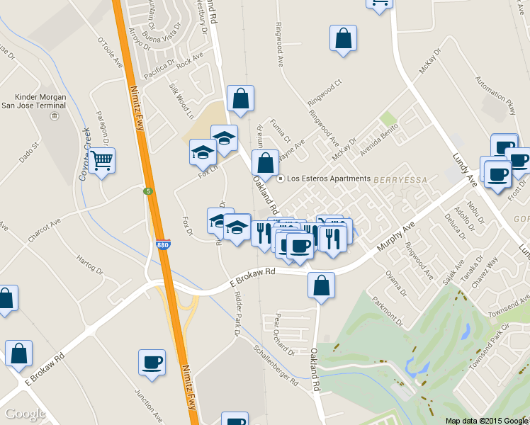 map of restaurants, bars, coffee shops, grocery stores, and more near 1769 Oakland Road in San Jose