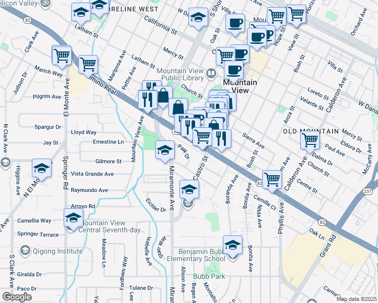 map of restaurants, bars, coffee shops, grocery stores, and more near 860 Park Drive in Mountain View
