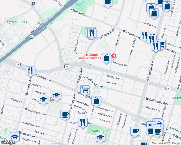map of restaurants, bars, coffee shops, grocery stores, and more near 969 La Mesa Terrace in Sunnyvale