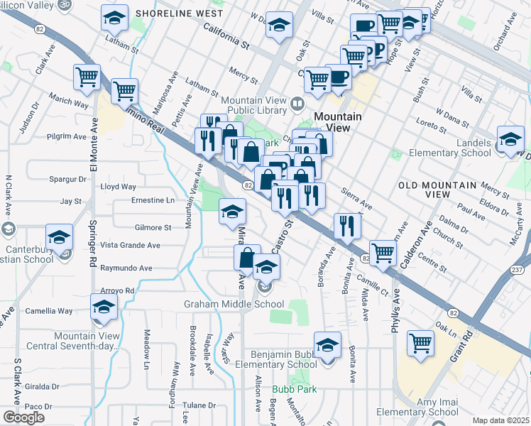map of restaurants, bars, coffee shops, grocery stores, and more near 860 Park Drive in Mountain View