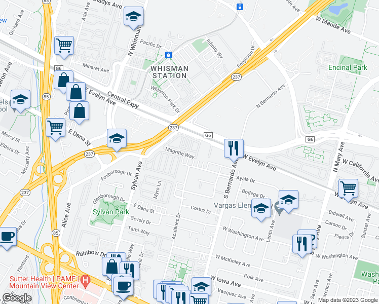 map of restaurants, bars, coffee shops, grocery stores, and more near 474 Kahlo Street in Mountain View
