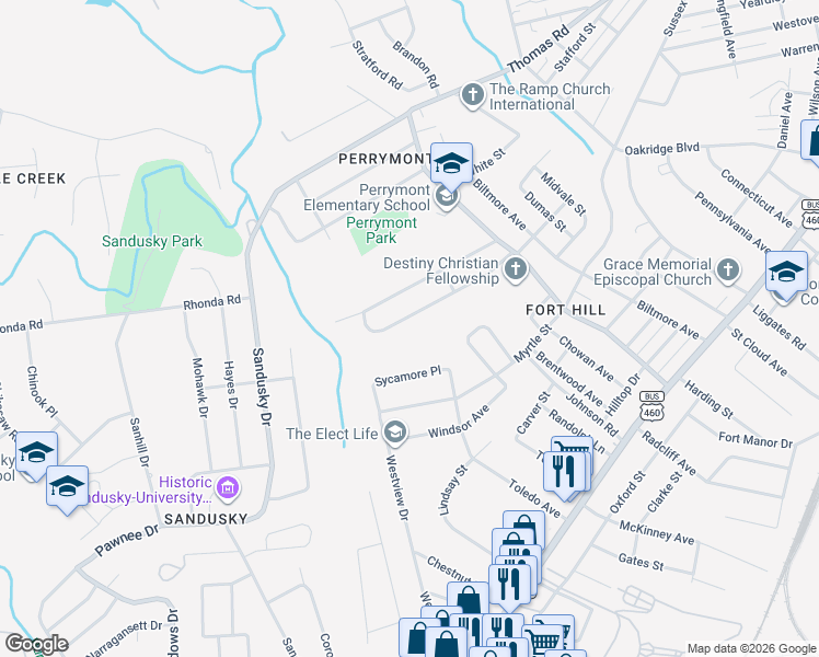 map of restaurants, bars, coffee shops, grocery stores, and more near 4627 Fairmont Avenue in Lynchburg