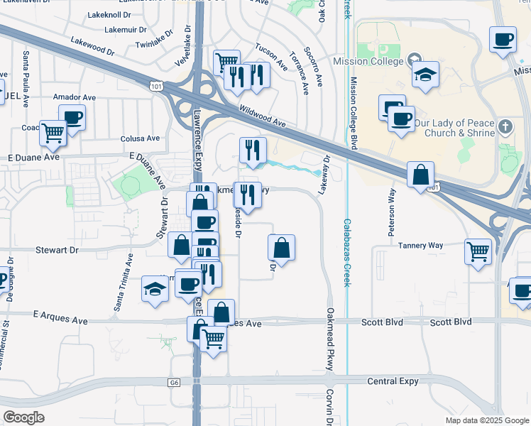 map of restaurants, bars, coffee shops, grocery stores, and more near 1237 Midas Way in Sunnyvale