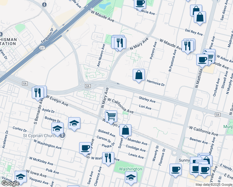 map of restaurants, bars, coffee shops, grocery stores, and more near in Sunnyvale