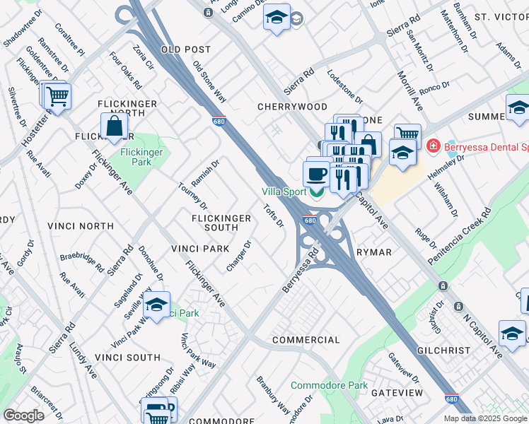 map of restaurants, bars, coffee shops, grocery stores, and more near 1266 Tofts Drive in San Jose