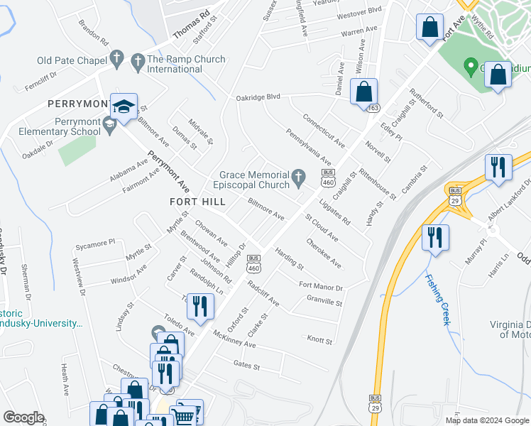 map of restaurants, bars, coffee shops, grocery stores, and more near 4401 Hilltop Drive in Lynchburg