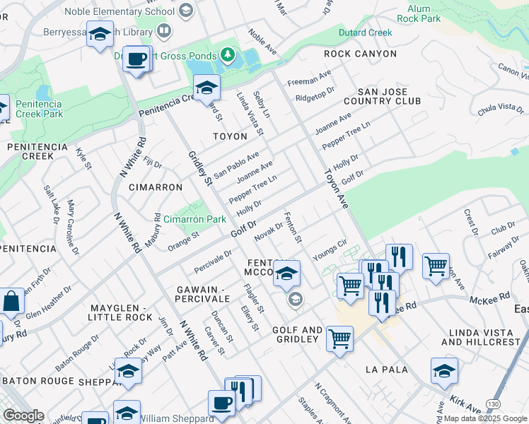 map of restaurants, bars, coffee shops, grocery stores, and more near 3374 Holly Drive in San Jose