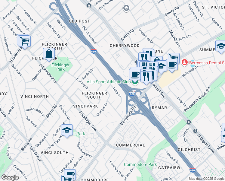 map of restaurants, bars, coffee shops, grocery stores, and more near 1266 Tofts Drive in San Jose