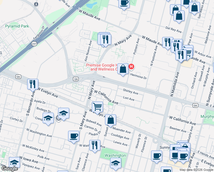 map of restaurants, bars, coffee shops, grocery stores, and more near 969 La Mesa Terrace in Sunnyvale