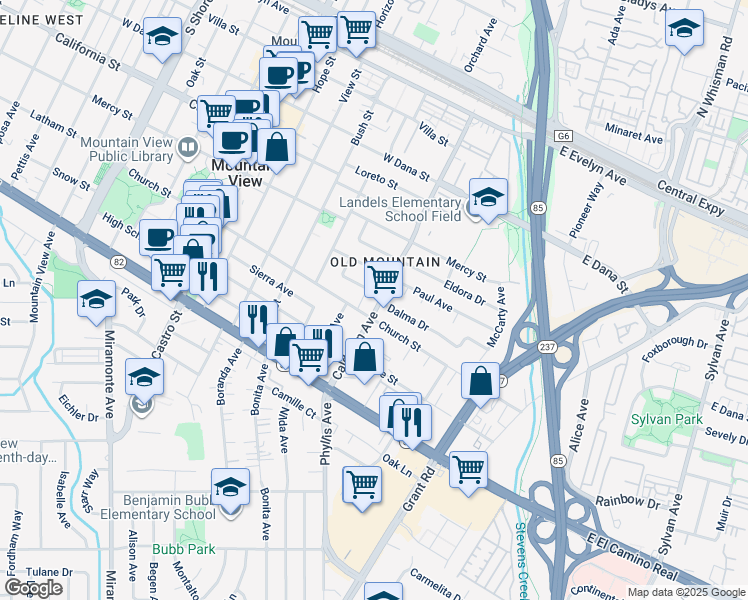 map of restaurants, bars, coffee shops, grocery stores, and more near 273 Jessie Lane in Mountain View