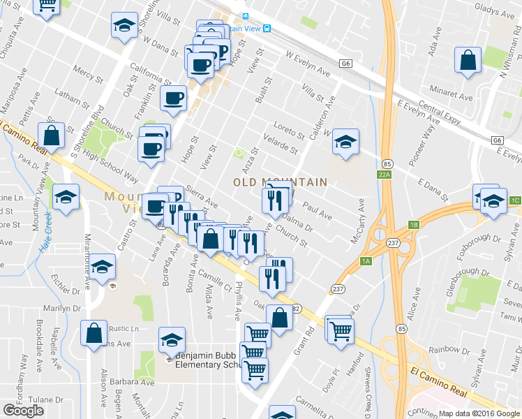 map of restaurants, bars, coffee shops, grocery stores, and more near 273 Jessie Lane in Mountain View