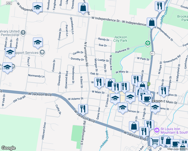 map of restaurants, bars, coffee shops, grocery stores, and more near 304 Morgan Street in Jackson