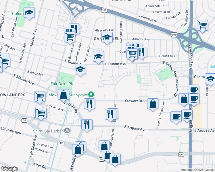 map of restaurants, bars, coffee shops, grocery stores, and more near 818 Gridley Terrace in Sunnyvale