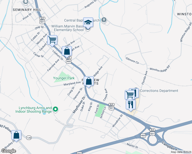 map of restaurants, bars, coffee shops, grocery stores, and more near 2005-2007 Ridge Avenue in Lynchburg