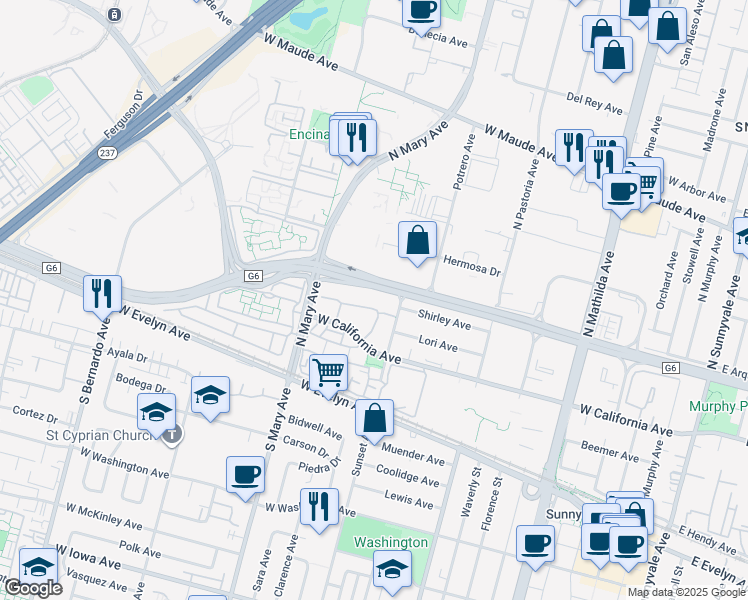 map of restaurants, bars, coffee shops, grocery stores, and more near 963 La Mesa Terrace in Sunnyvale