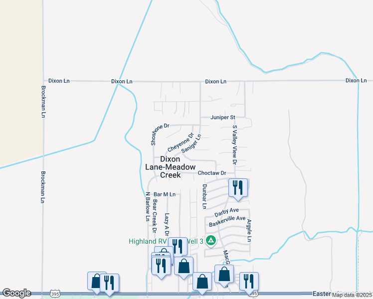 map of restaurants, bars, coffee shops, grocery stores, and more near Saniger Lane in Bishop
