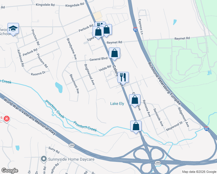map of restaurants, bars, coffee shops, grocery stores, and more near 10300 Colony Village Terrace in Richmond