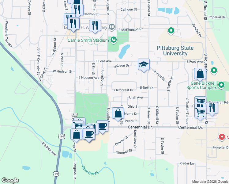 map of restaurants, bars, coffee shops, grocery stores, and more near 411 Fieldcrest Drive in Pittsburg