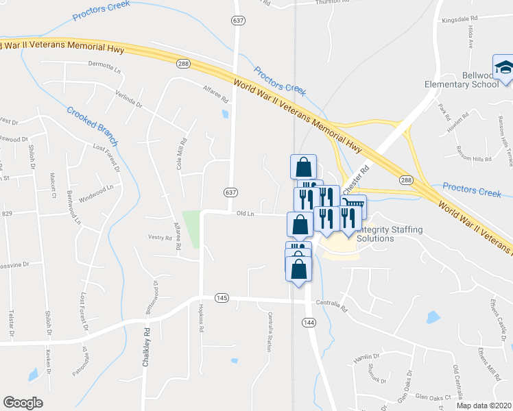 map of restaurants, bars, coffee shops, grocery stores, and more near 4520 Old Lane in Chester