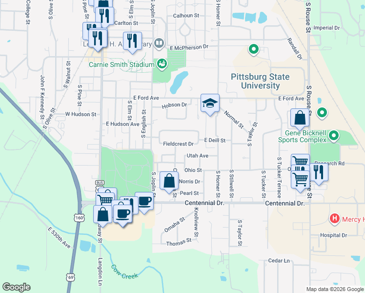 map of restaurants, bars, coffee shops, grocery stores, and more near 425 Fieldcrest Drive in Pittsburg