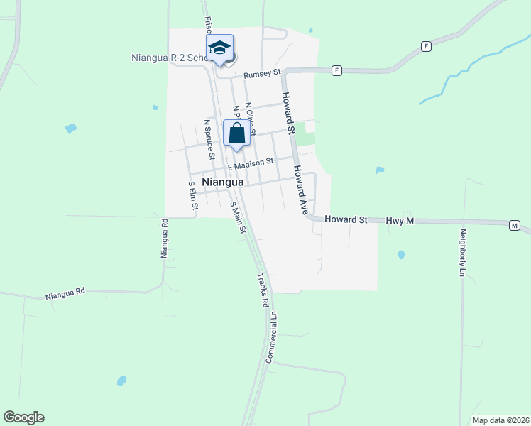 map of restaurants, bars, coffee shops, grocery stores, and more near 250-298 South Olive Street in Niangua