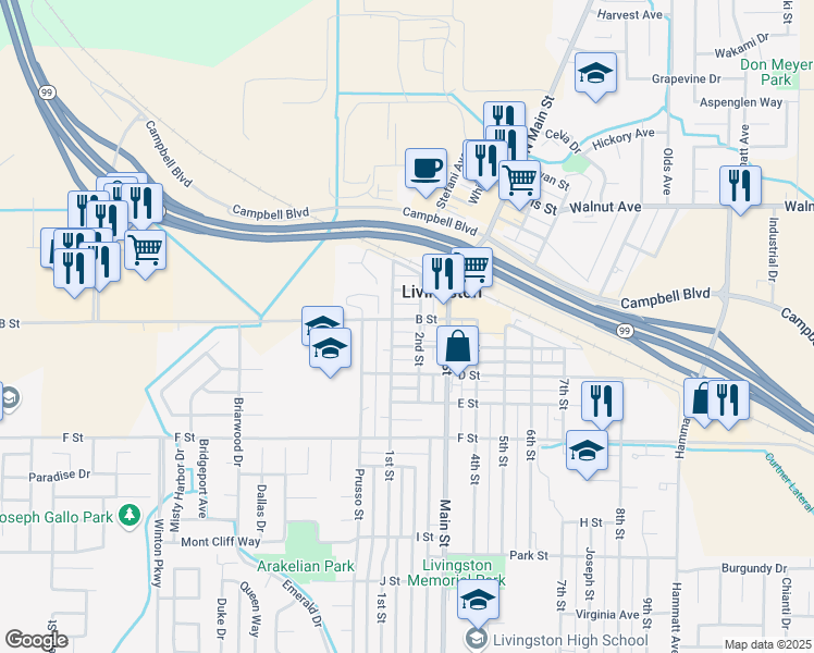 map of restaurants, bars, coffee shops, grocery stores, and more near 1246 B Street in Livingston