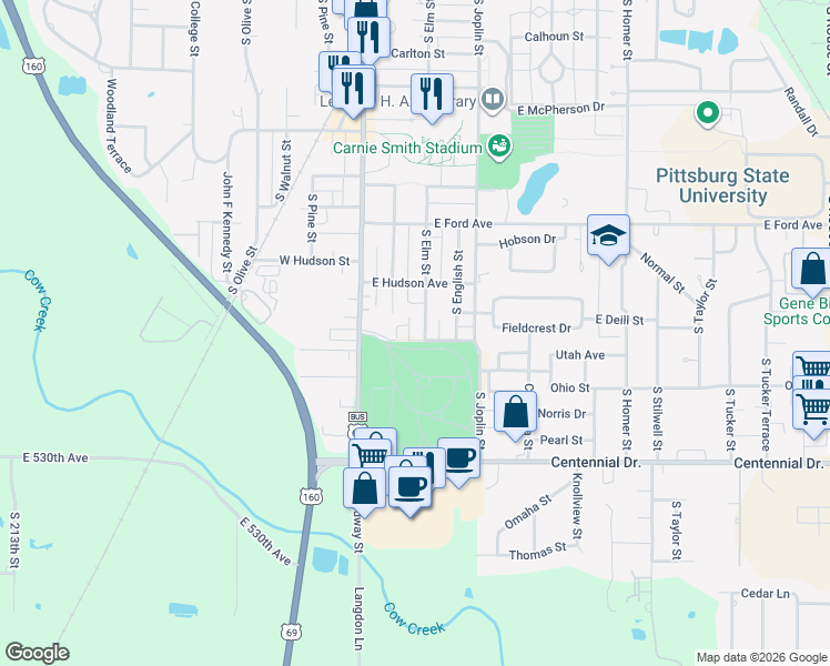 map of restaurants, bars, coffee shops, grocery stores, and more near 2022 South Elm Street in Pittsburg