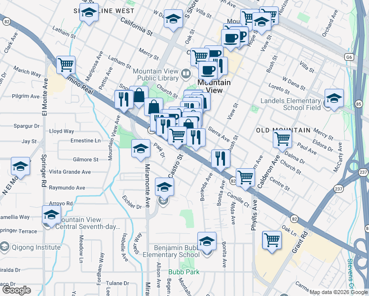 map of restaurants, bars, coffee shops, grocery stores, and more near in Mountain View