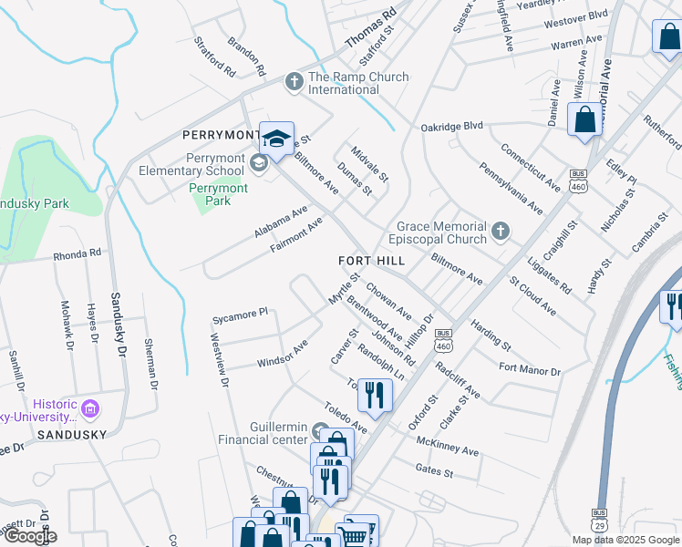 map of restaurants, bars, coffee shops, grocery stores, and more near 4525 Brooklawn Circle in Lynchburg