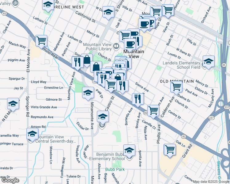 map of restaurants, bars, coffee shops, grocery stores, and more near in Mountain View