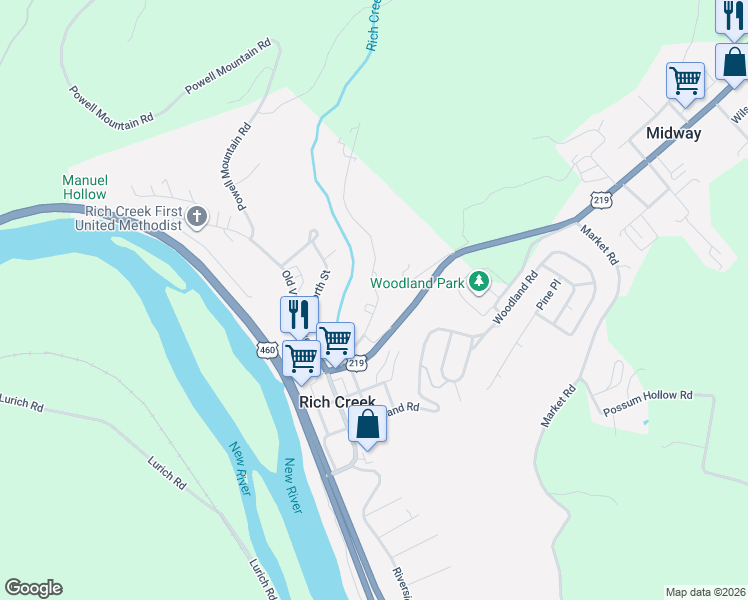 map of restaurants, bars, coffee shops, grocery stores, and more near 219 Church Street in Rich Creek