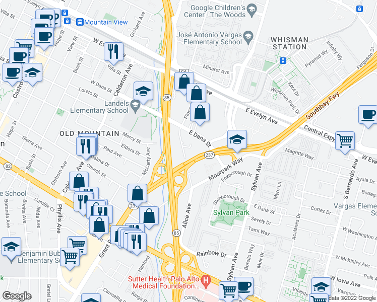 map of restaurants, bars, coffee shops, grocery stores, and more near 355 Pioneer Way in Mountain View