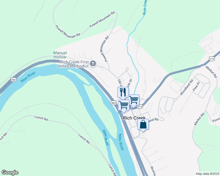 map of restaurants, bars, coffee shops, grocery stores, and more near 136 Powell Lane in Rich Creek