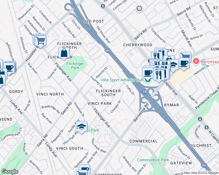 map of restaurants, bars, coffee shops, grocery stores, and more near 1324 Chertsey Court in San Jose