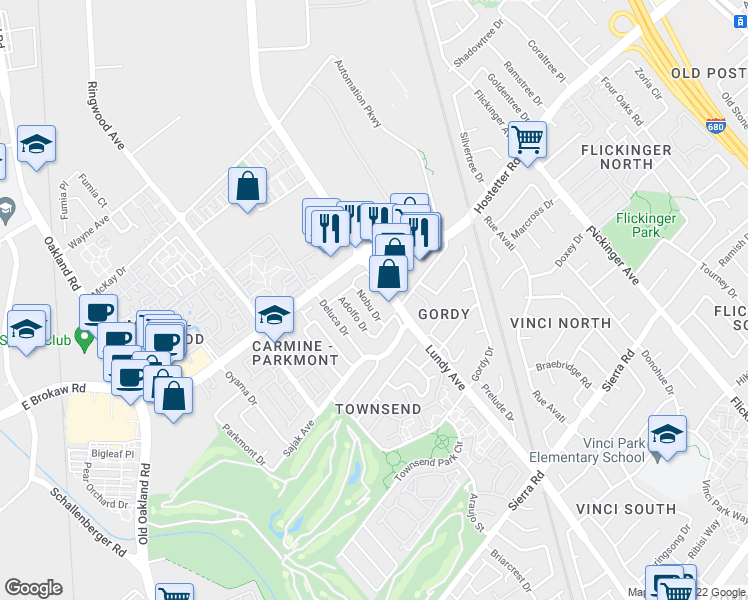 map of restaurants, bars, coffee shops, grocery stores, and more near 1539 Lundy Avenue in San Jose