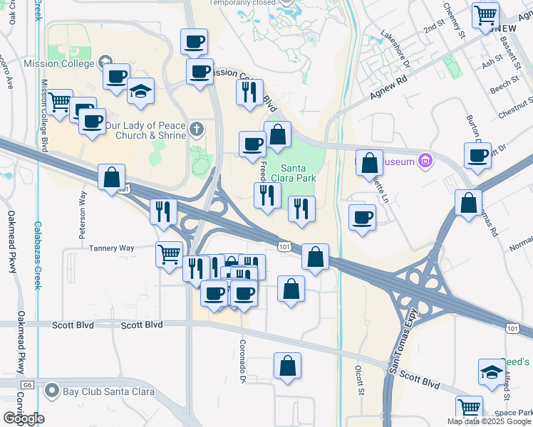 map of restaurants, bars, coffee shops, grocery stores, and more near 3961 Freedom Circle in Santa Clara