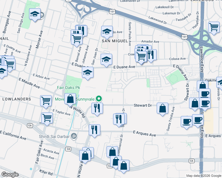 map of restaurants, bars, coffee shops, grocery stores, and more near 818 Gridley Terrace in Sunnyvale