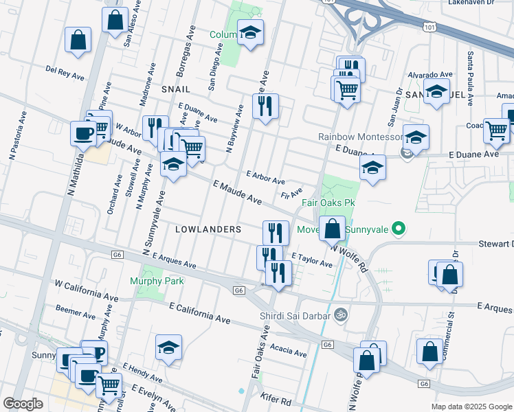 map of restaurants, bars, coffee shops, grocery stores, and more near 535 East Maude Avenue in Sunnyvale