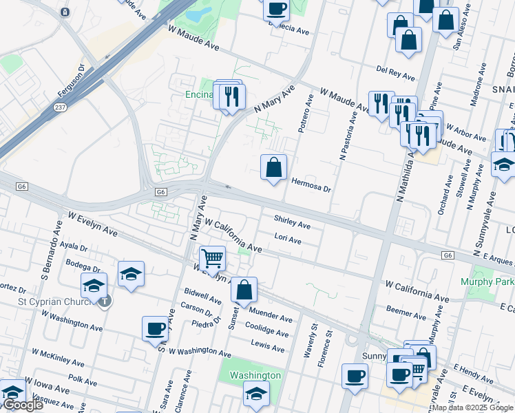 map of restaurants, bars, coffee shops, grocery stores, and more near 951 La Mesa Terrace in Sunnyvale